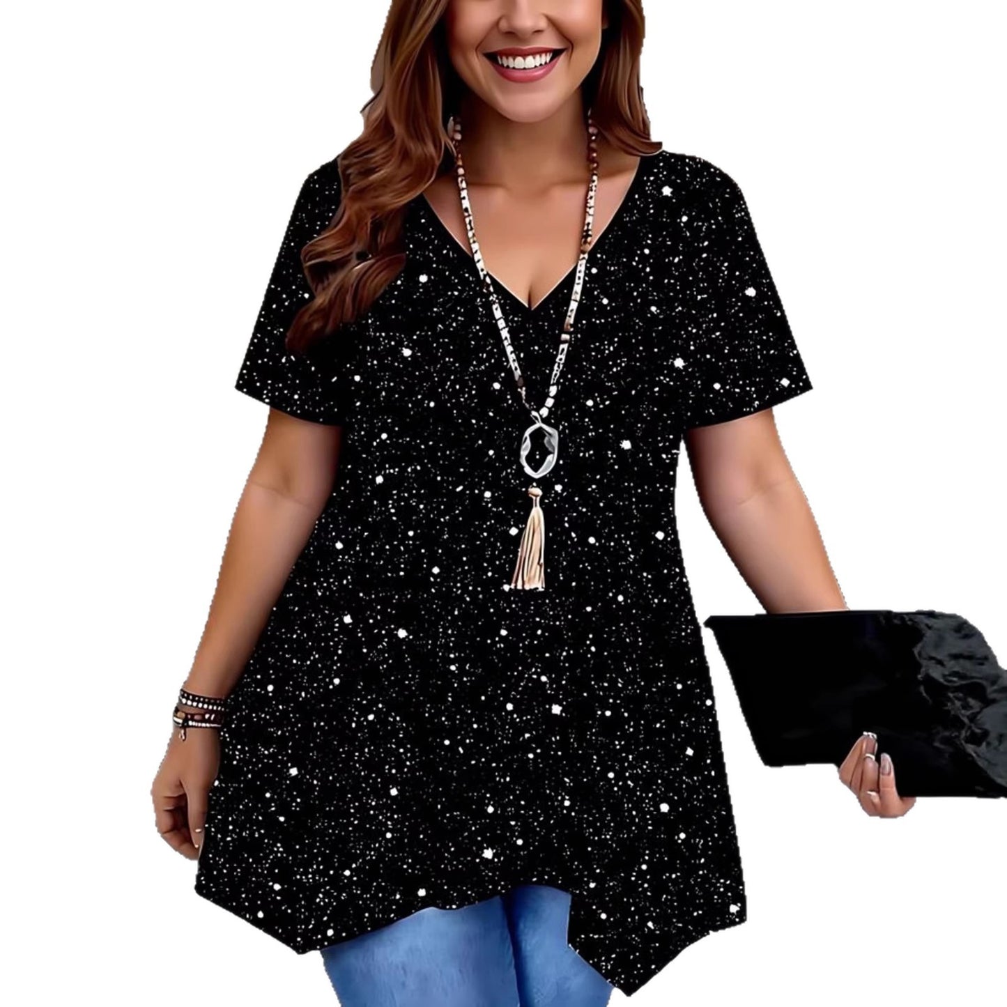 Asymmetrical Hem Short-sleeve V-neck Shimmering Top