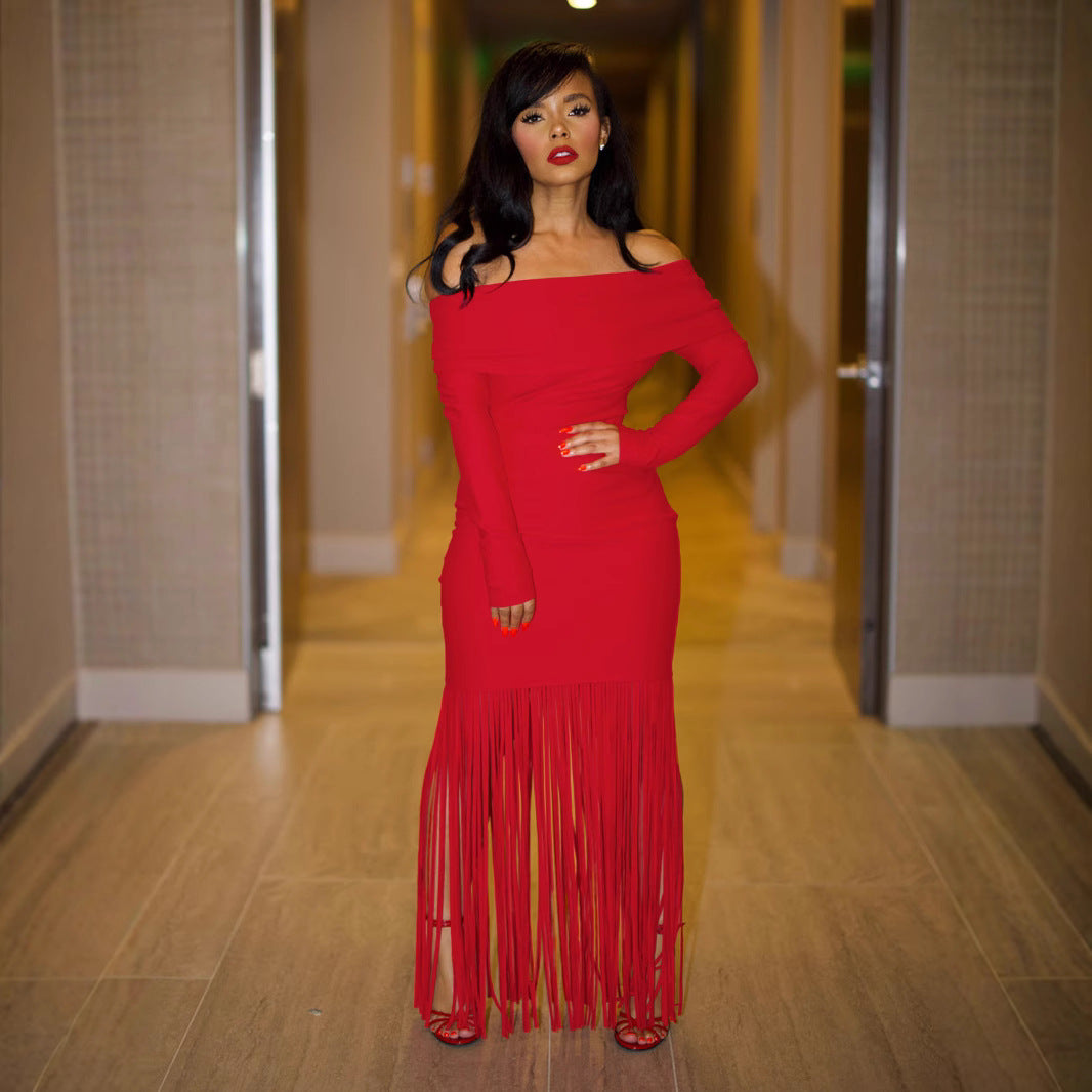 Sexy Off-shoulder Elegant Figure-flattering Long-sleeve Tassel Sheath Dress