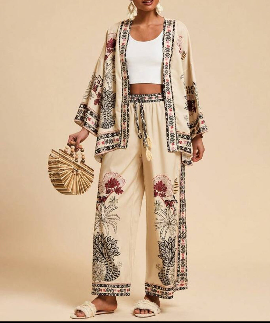 Fashion Vacation Style Printed Cardigan Long Sleeve Wide Leg Pants Two-piece Set