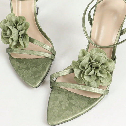 New Pointed Toe Stiletto Heel Flower Decoration Fashion Back Tied Sandals