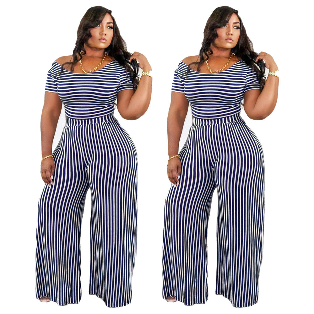Womens Striped Printed Wide-Neck Short-Sleeve Fashionable Loose Casual Set