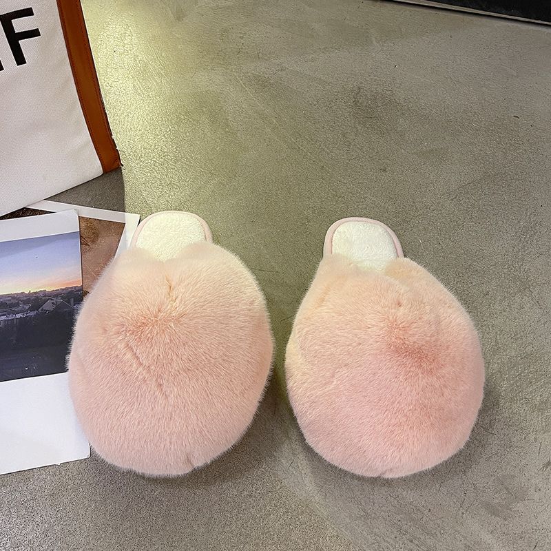 Women's Flat Bottom Half Slippers With Fur Toe Head