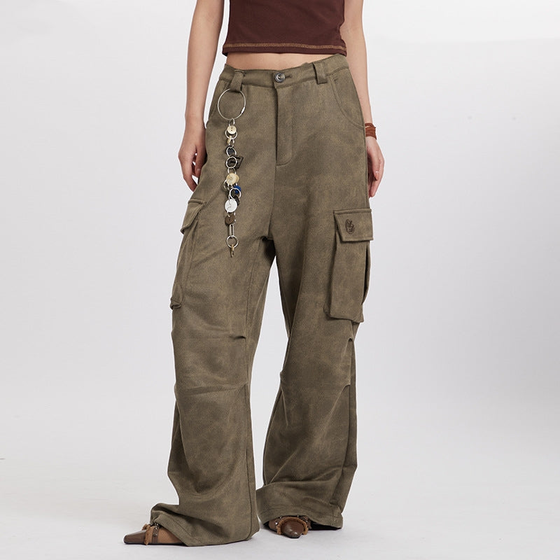 Pleated High Waist Retro Pocket Straight Wide Leg Overalls