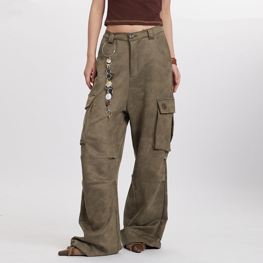 Pleated High Waist Retro Pocket Straight Wide Leg Overalls