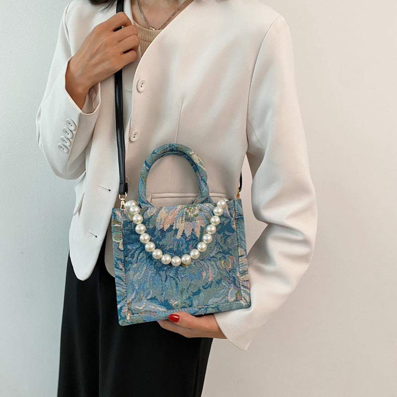 French Niche Pearl Jacquard Monet Garden Oil Painting Tote Bag