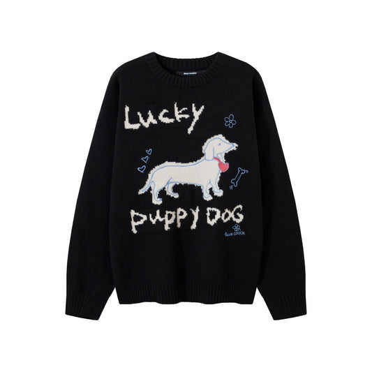 Real Shot Sweet Girl Dog Pattern Loose Pullover