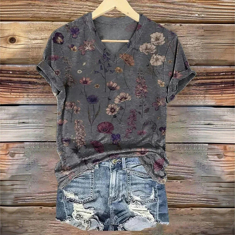 3D Digital Print T-Shirt Womens V-Neck Short-Sleeve Top