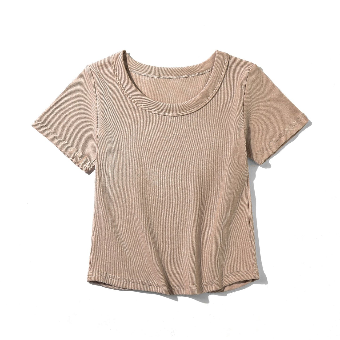 Women's French-style O-neck Short ICE Cotton T-shirt With Curved Hem