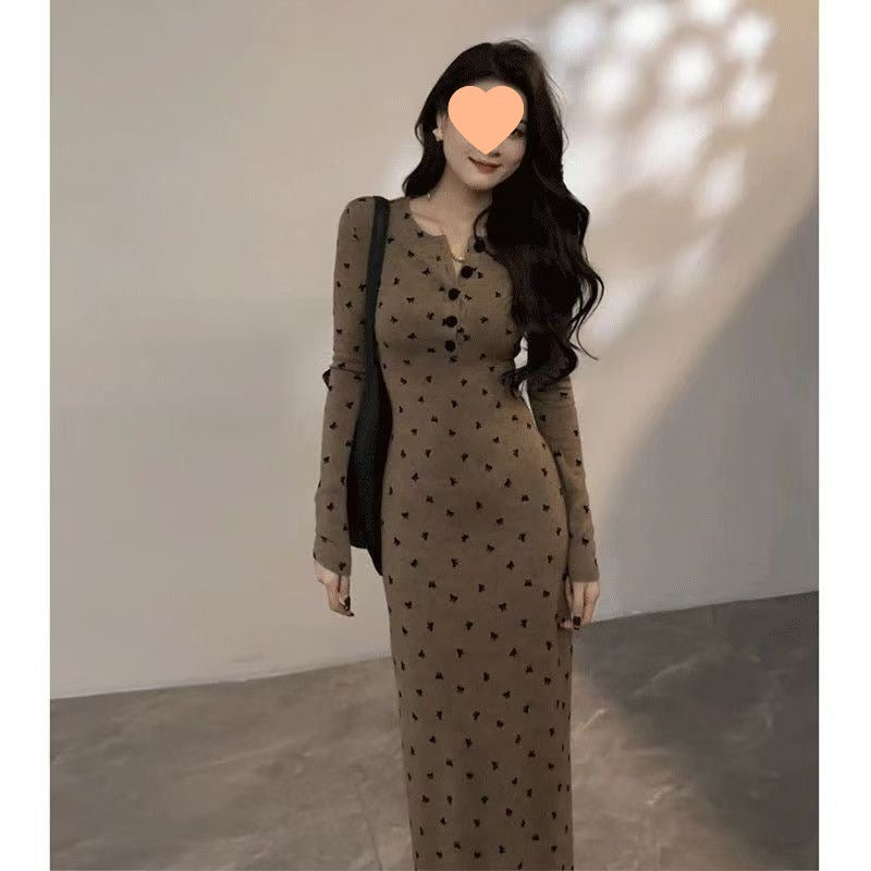 Button-up Knitted Dress Long Sleeves Bow Detail Slim-fit And Figure-flattering