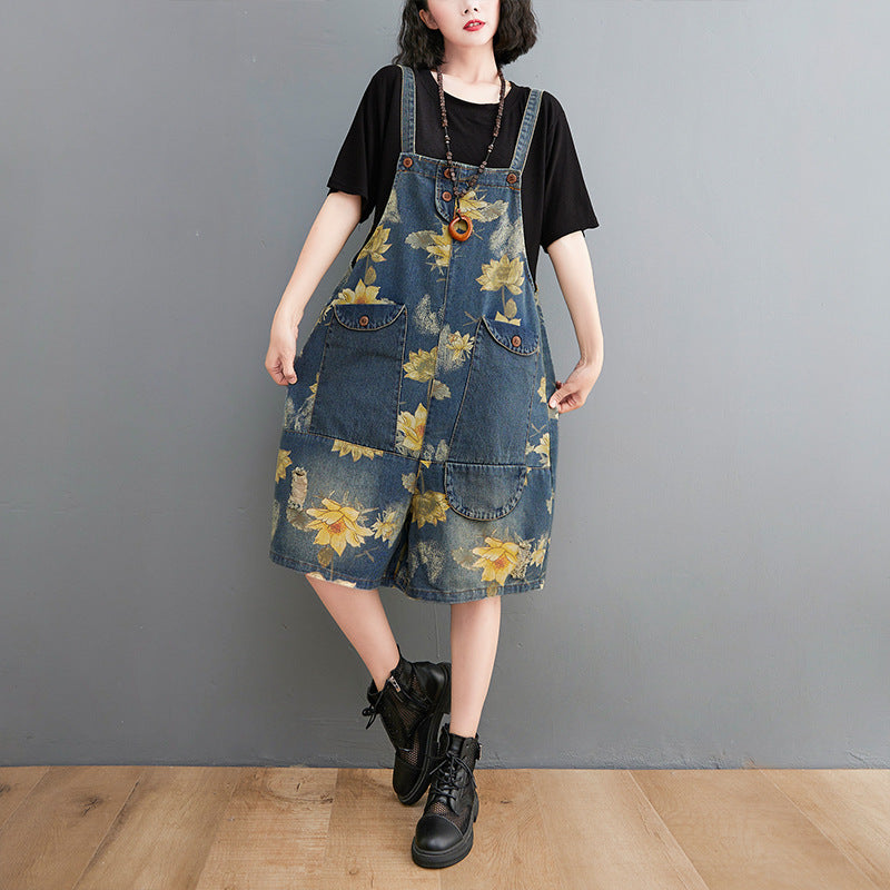 Women's Summer Fashion Denim Suspender Print Shorts