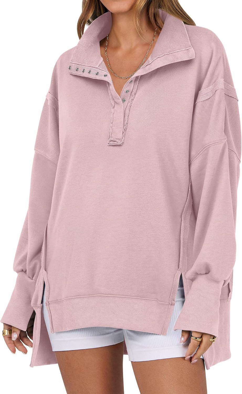 Decorative Moulding Design Blouse Split Lantern Sleeve Polo Collar Sweatshirt