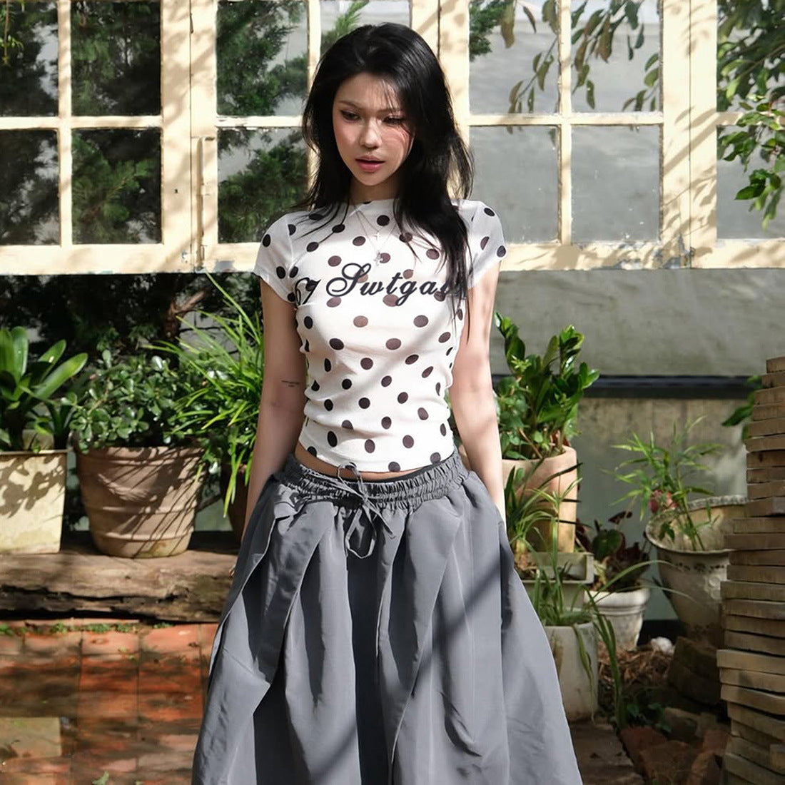 Womens Curvy Fit Base Shirt With A Scoop Neck Polka-Dot And Letter Print