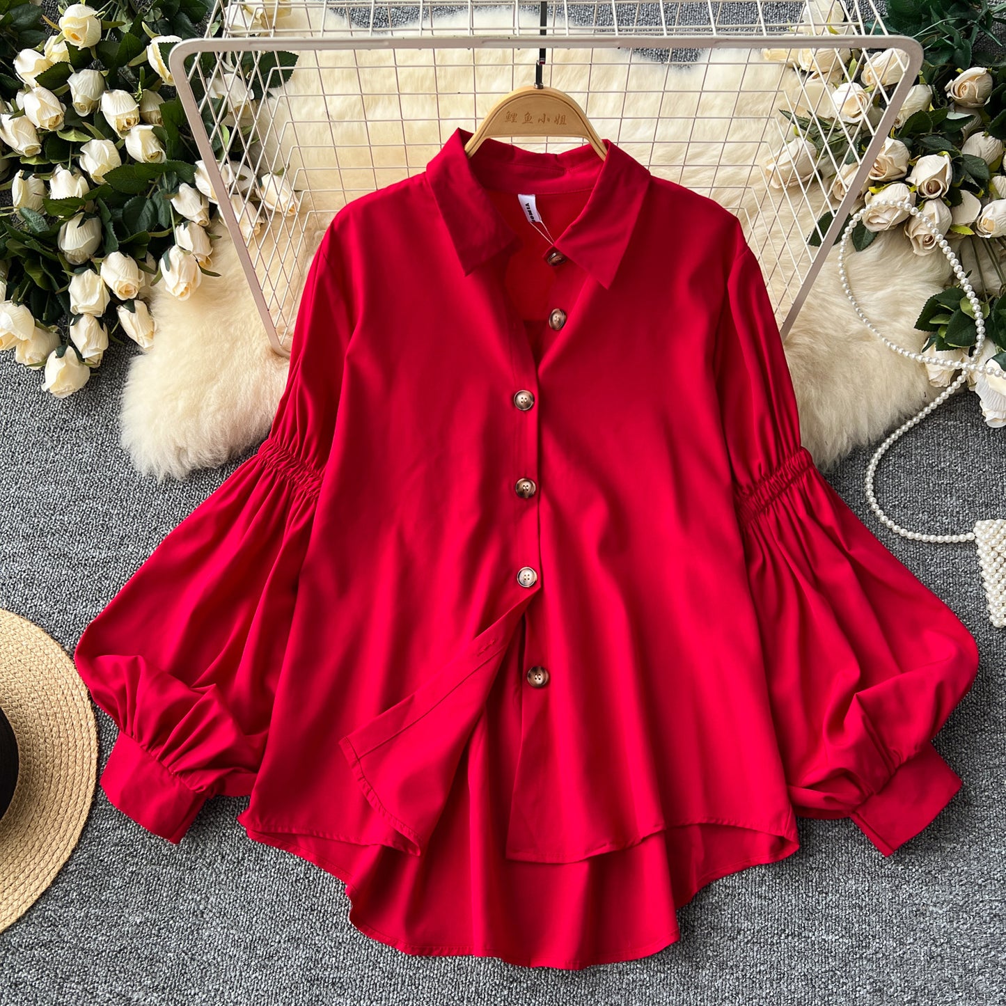 Pleated Lantern-sleeve Single-breasted Loose-fitting Versatile Shirt