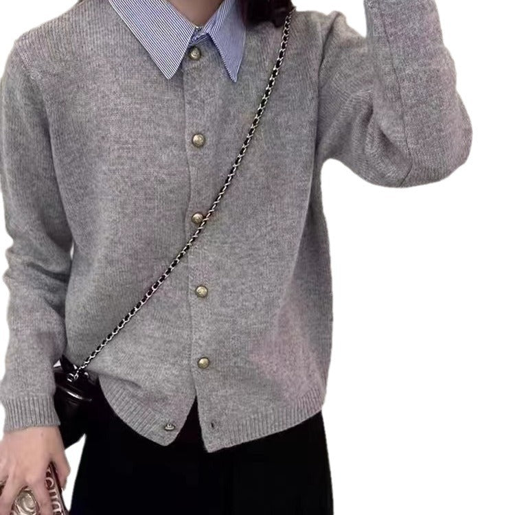 Temperament Commute Korean Style Shirt Collar Single-breasted Knitted Cardigan Sweater