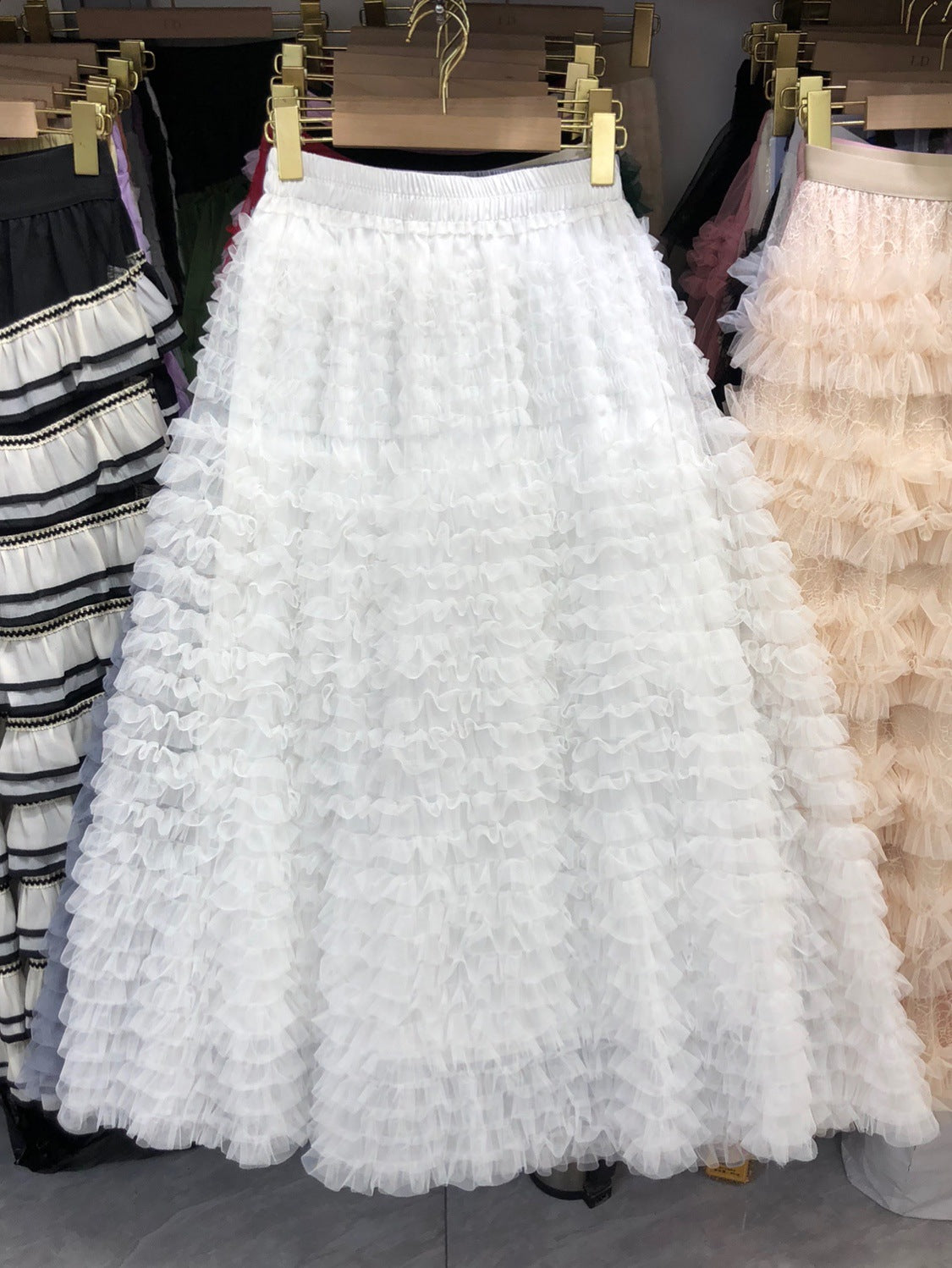 New Colorful Sweet Age-reducing Pleated Solid-color Mesh Midi Puff Skirt