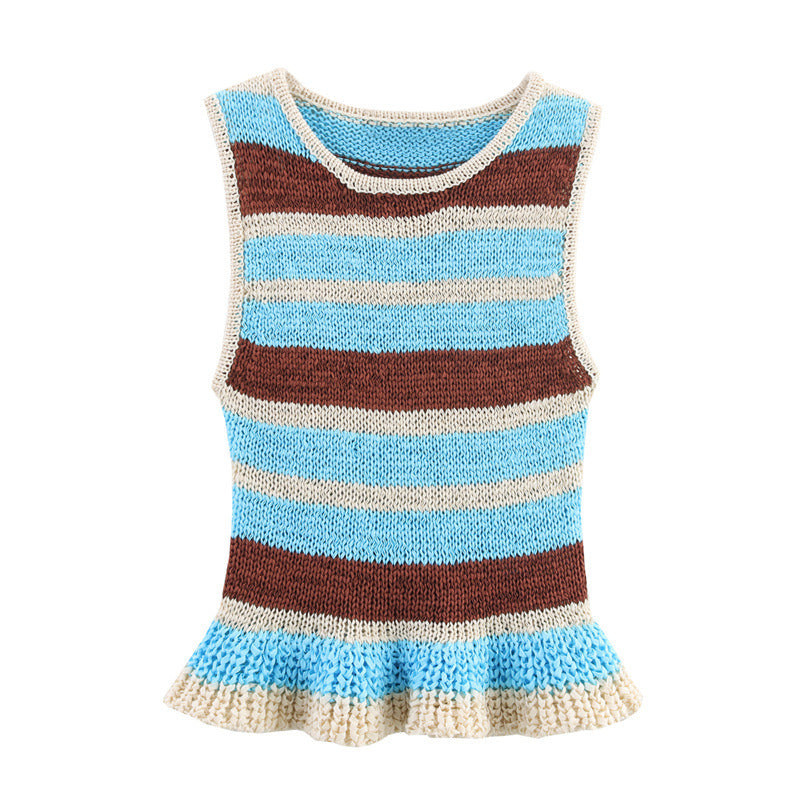 Laminated Decoration Striped Sleeveless Knitted Top