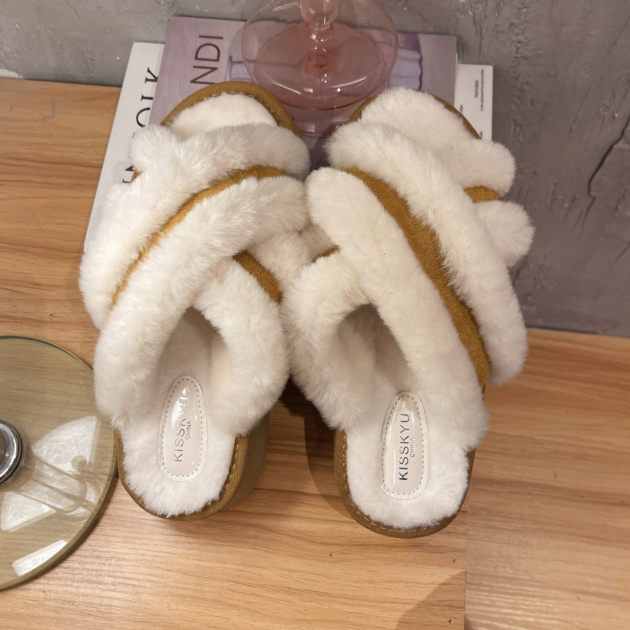 Women's Outer Wear Height Increasing Wool Sheep Fur Integrated Cross Plush Slippers