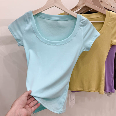 Cotton T-shirt Women's Short Sleeve Low Collar Collarbone