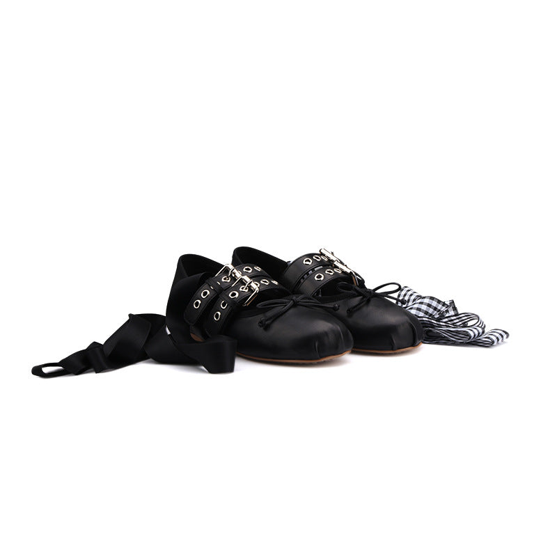 Leather Buckle Bow Round Toe Lace-up Ballet Flats