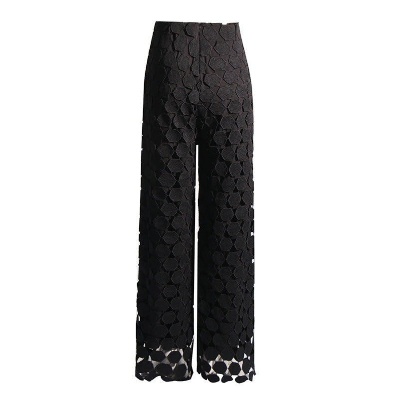 Fashionable Elegant Round Design Tassel Hollow-out Embroidered High Waist Wide-leg Pants