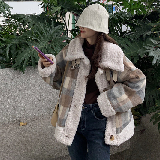 Loose Vintage Thick Woolen Stitched Lamb Wool Coat