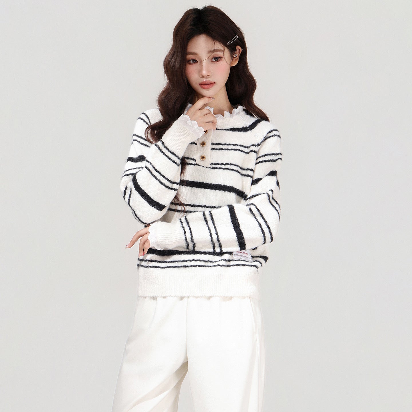 Autumn And Winter Lace Ruffle Color Block Stripe Thickened Knit Sweater