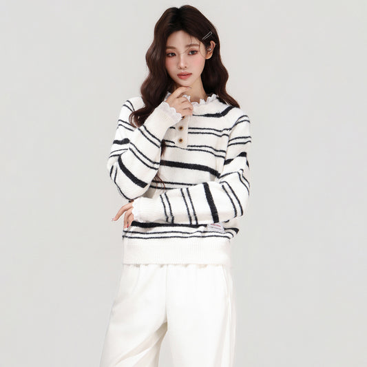 Autumn And Winter Lace Ruffle Color Block Stripe Thickened Knit Sweater
