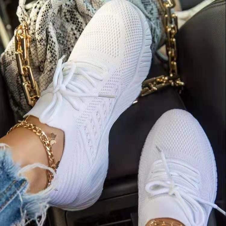 Sporty Women Platform Solid Color Lace-Up Lightweight Fly Woven Casual Shoes