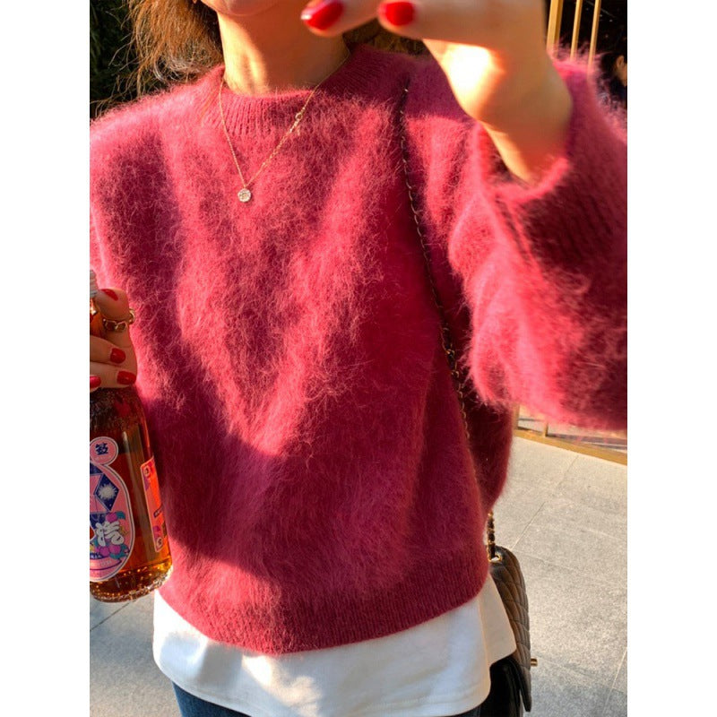 Fashion Retro Loose And Warm Solid Color Pullover Sweater Women