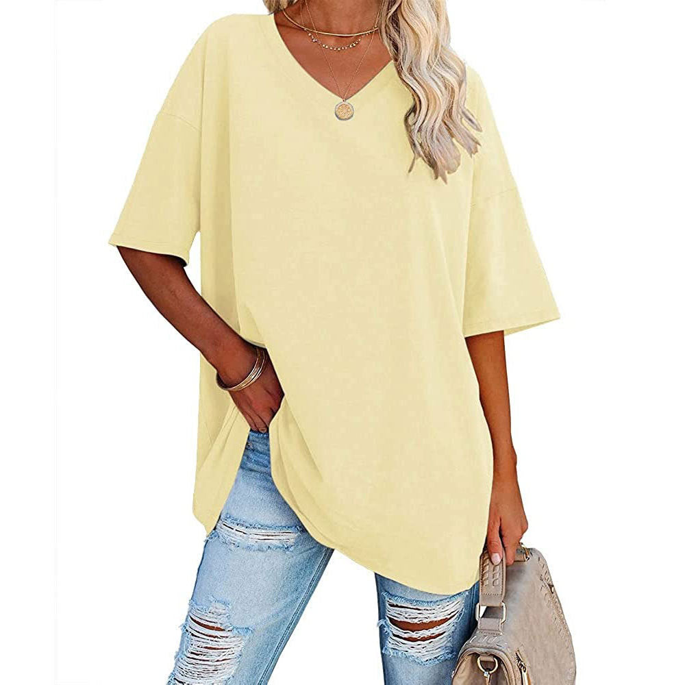European And American Women's Loose Short-sleeved V-neck T-shirt