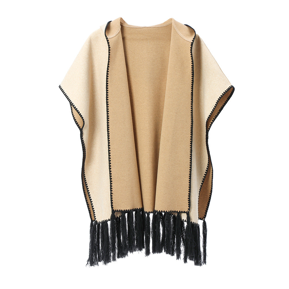 Autumn And Winter Solid Color Tassel Hoodie Cloak Shawl