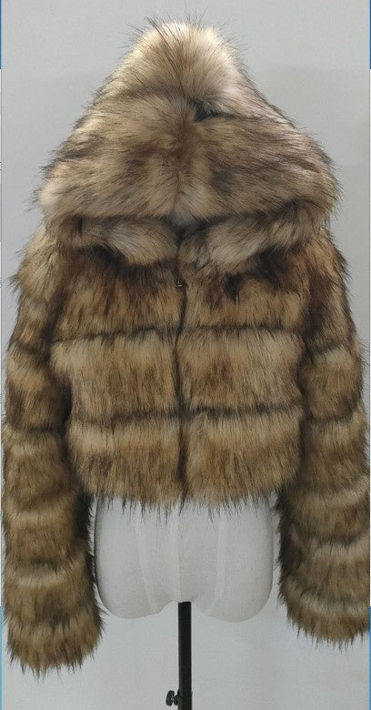 Short Hooded Faux Fur Long Sleeve Coat