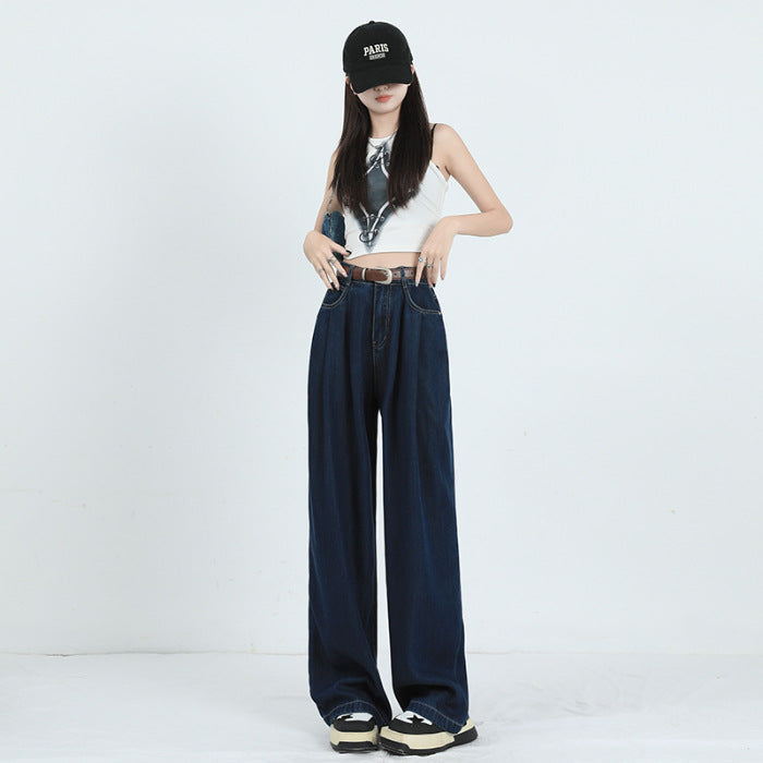 Koreansk stil vidde bukser høj talje løse plisserede lige "Mop" jeans