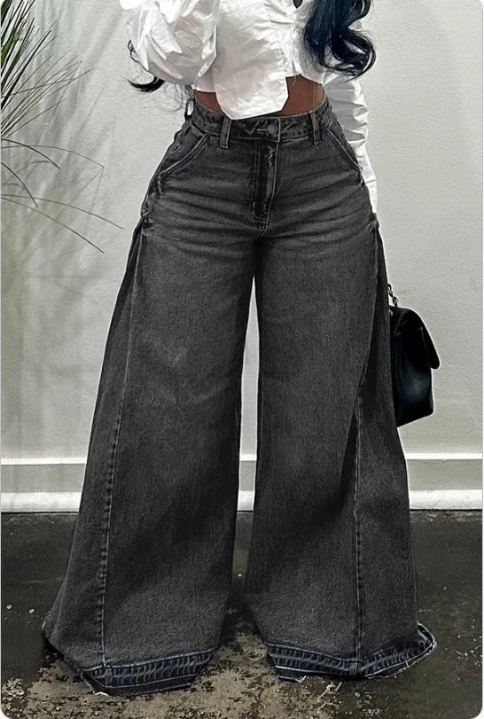 Løse vidde ben jeans med syninger og trompetformet pasform, kvastbukser