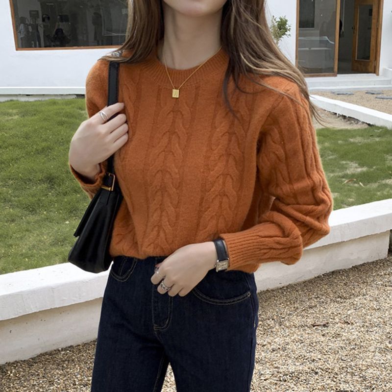 Women's Retro Twist Round Neck Sweater Western Style Leisure Loose Pullover