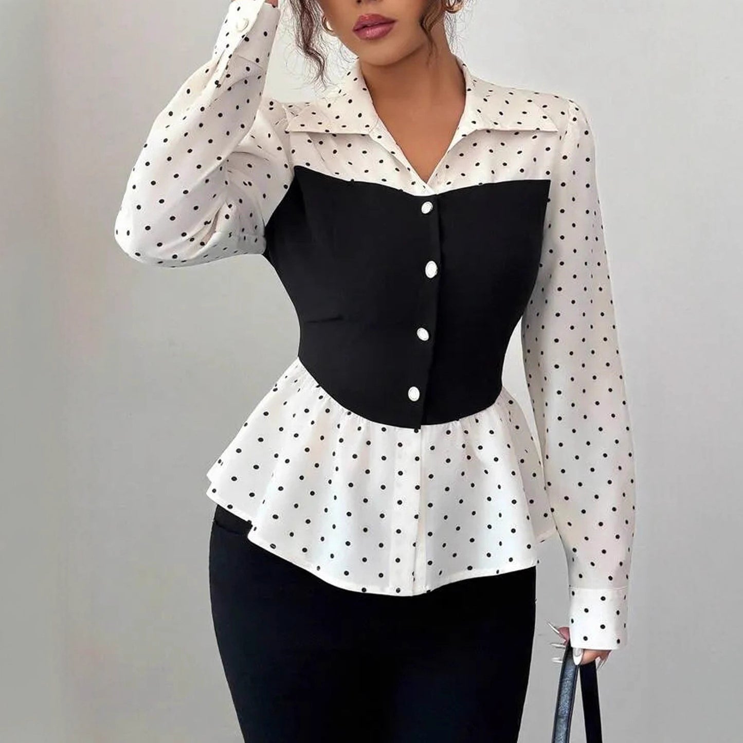 Women's Fashion Polka Dot Fake Two-piece Long Sleeve Shirt