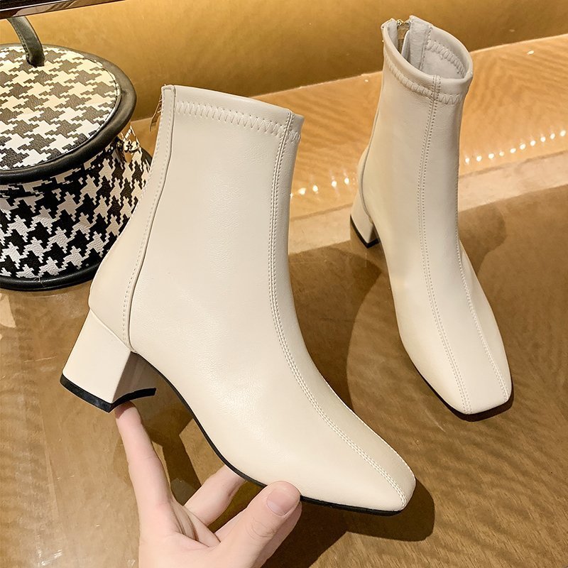Square Toe Thick Heel Ankle Boots Martin Boots Women's Small High Heel Short Boots