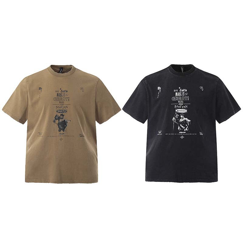 National Fashion American Washed Old Character Letter Print Short-sleeve