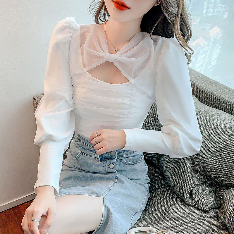 Exposed Collarbone Mesh Slim Fit Long Sleeved Top Bottoming Shirt