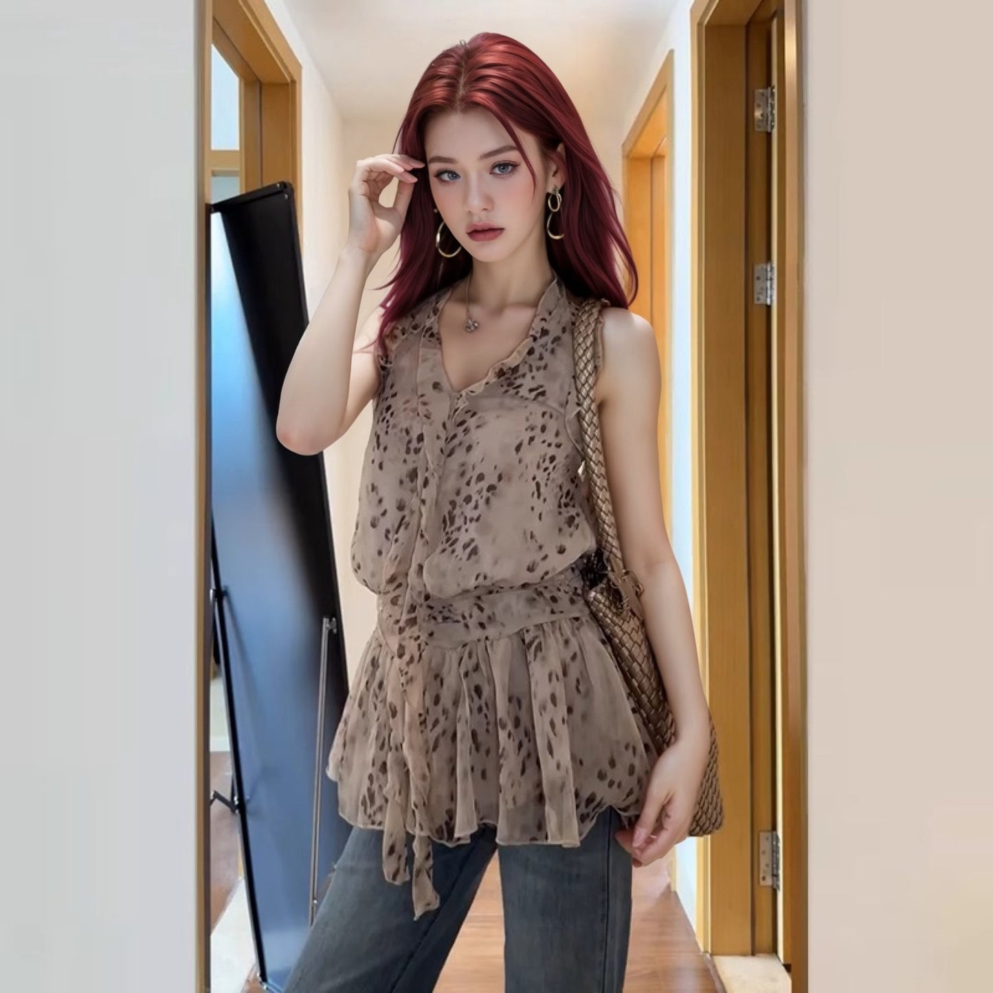 Leopard-print Halter Top With Ruffled Hem Womens Sultry Summer Dress