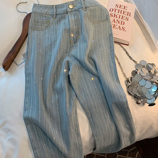 Lyseblå klassisk stil lige jeans med rhinsten