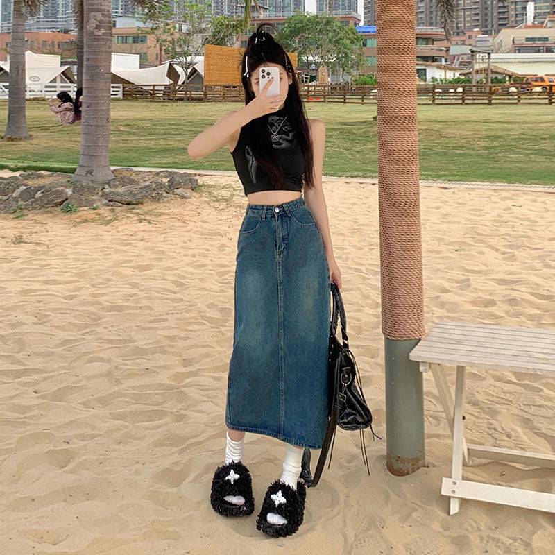 High-waisted Slit Denim Skirt A-line Midi Skirt