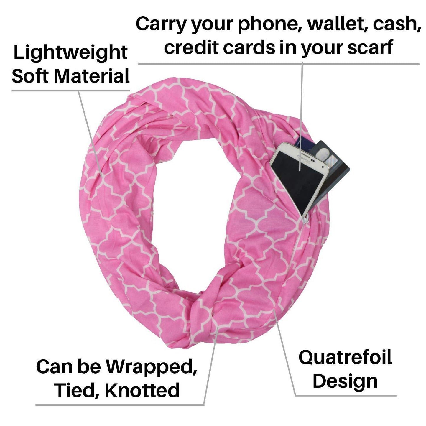 Knitted Infinite Zipper Pocket Scarf Four Petal Flower Print Bib