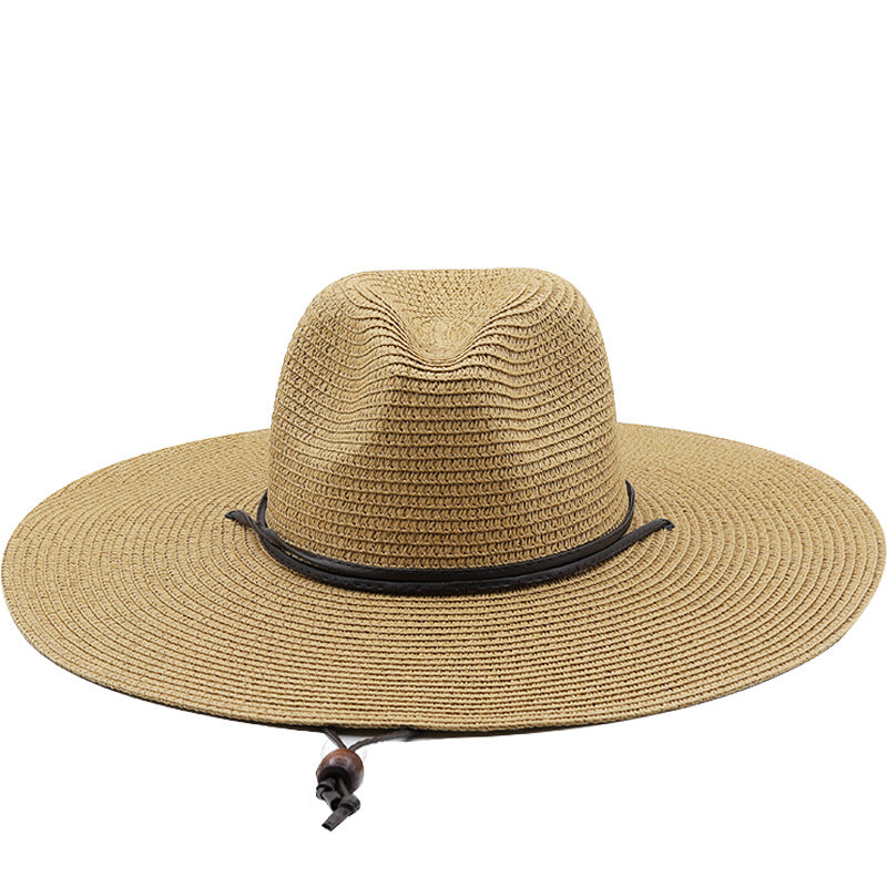 Paper Woven Panama Straw Hat Windproof Rope Flat Big Brim Sunscreen Beach