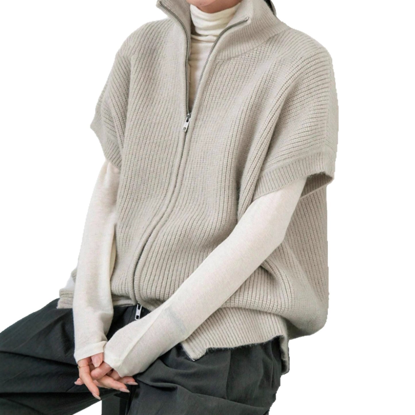 Strikket Cardigan Jakke Med Korte Ærmer Og Ribdetaljer Forårs/Sommerstil
