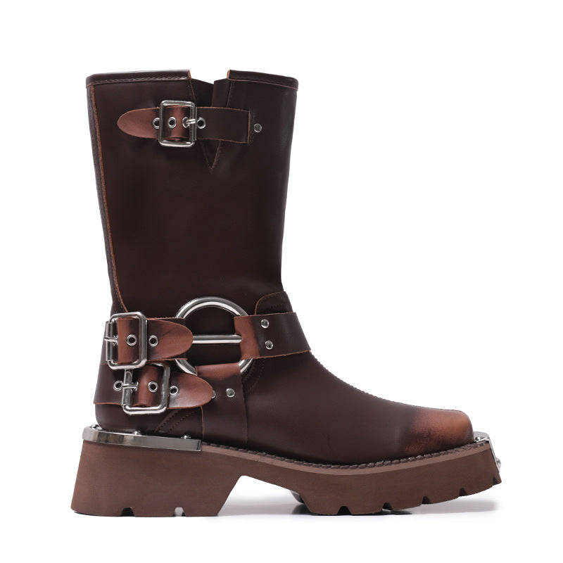 Height Increasing, Brown Sleeve Western Denim Ankle Boots