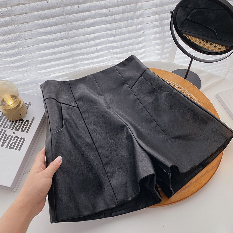 Women's High-waist A-line Thin Wide-legged Outer Wear PU Leather Boots Pants