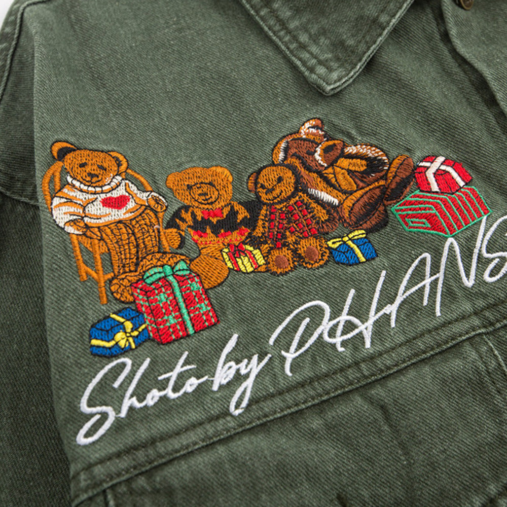 Washed Denim Coat Cartoon Animal Bear Embroidery