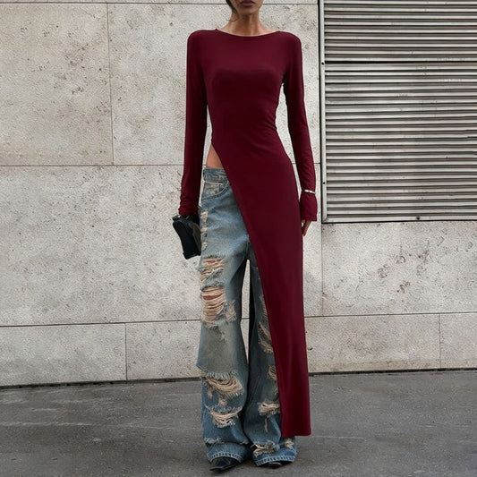 Solid Color Round-neck Long-sleeved Dress Women