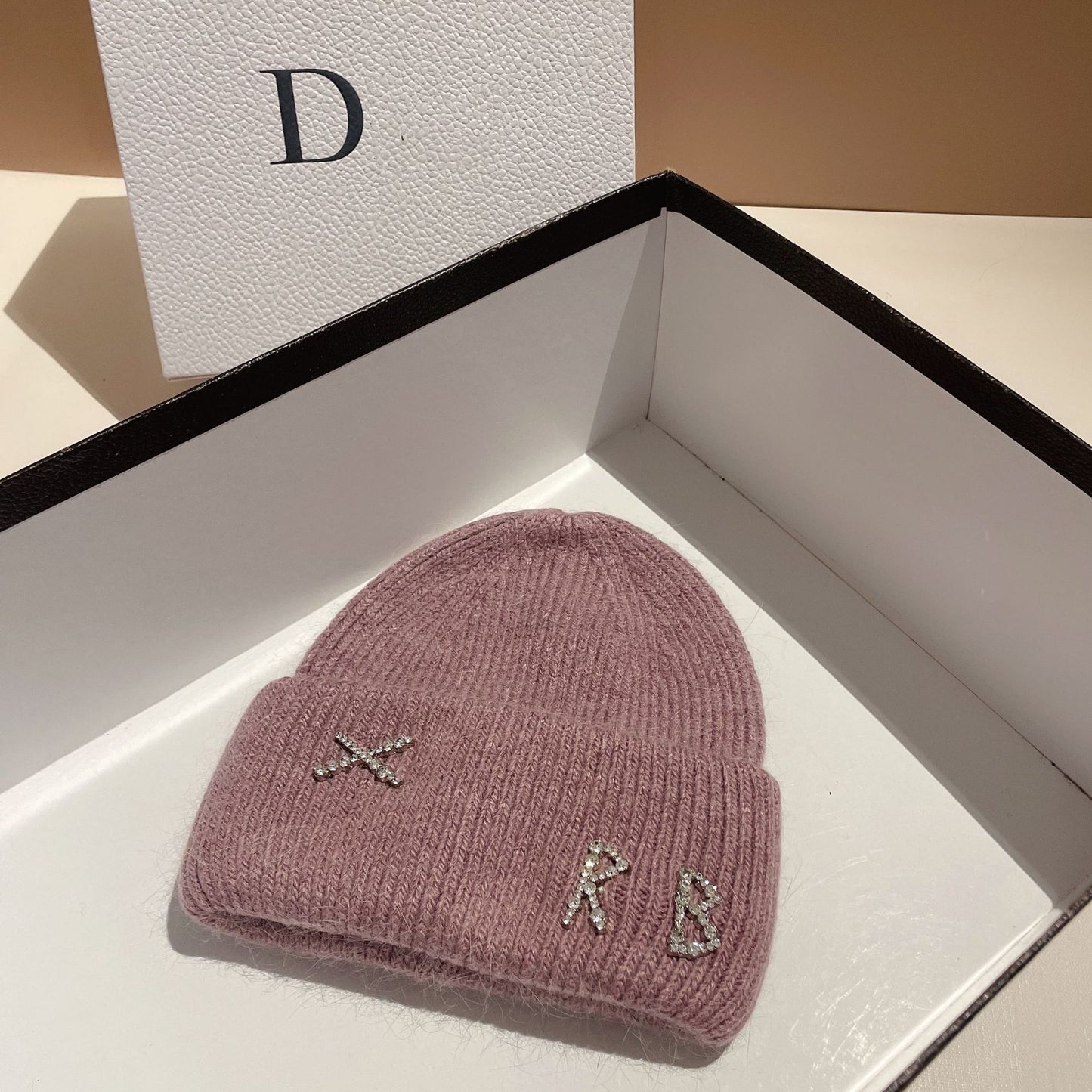 Winter RB Letter Fashion Rabbit Fur Knitted Warm Hat Female